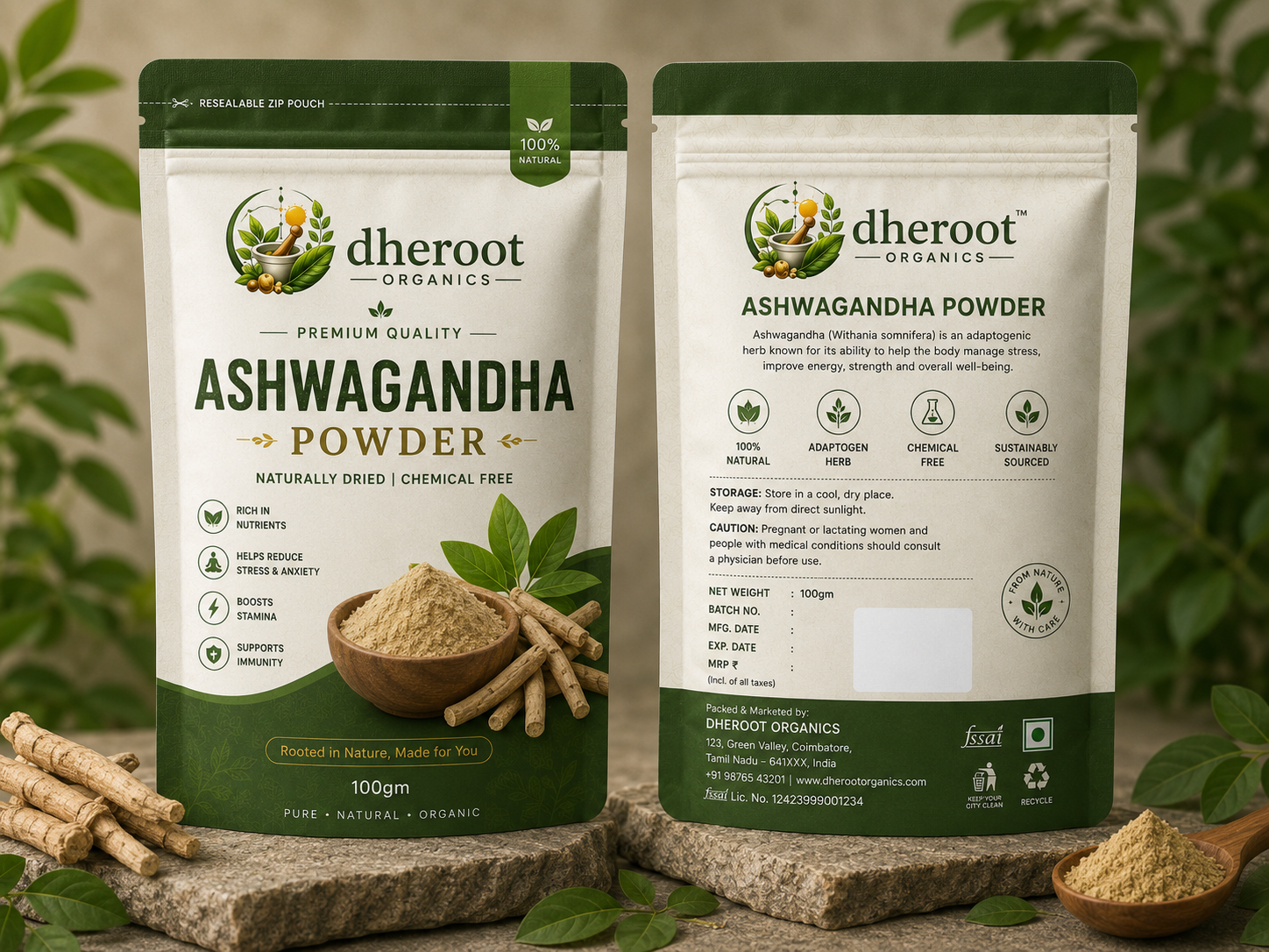 Ashwagandha powder in a premium jar and bowl