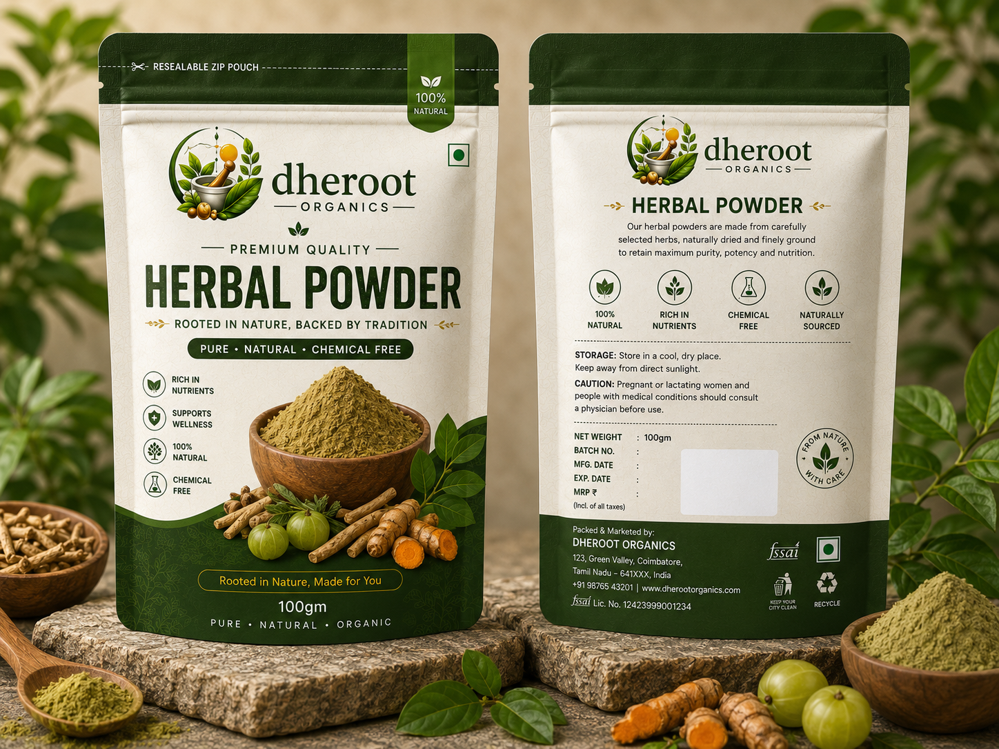Selection of herbal powders with wooden scoops