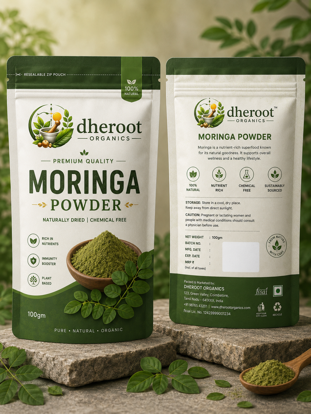 Green moringa powder with leaves beside it